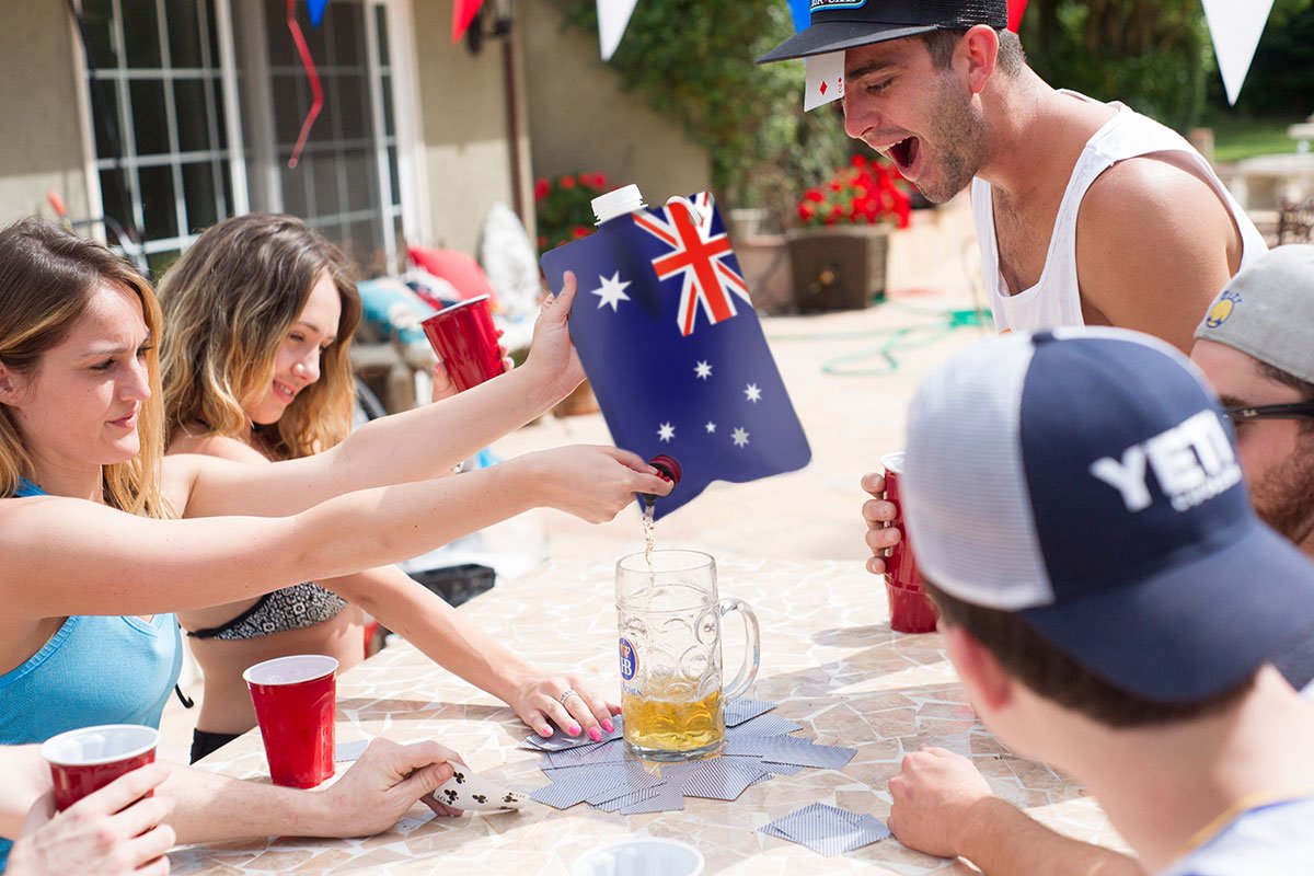 Australian Flag Adult Party Flask: 2 liter Flasks Make the Perfect Drink Dispenser for Your Australia Day Party Supplies, Summer Beach or Pool Party, Soccer, Cricket, or Football Tailgating and More