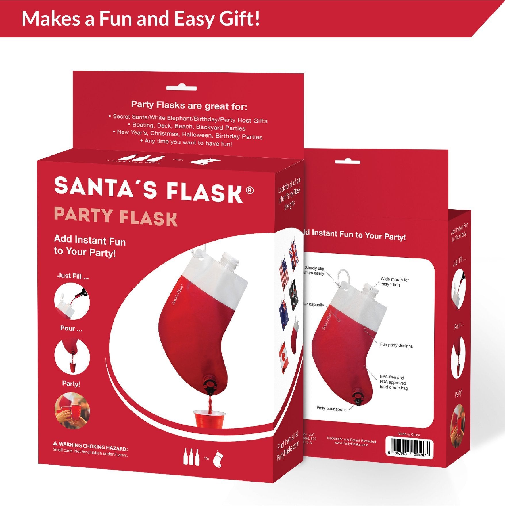 Santa's Stocking Flask: Yuletide drink dispenser with clip.