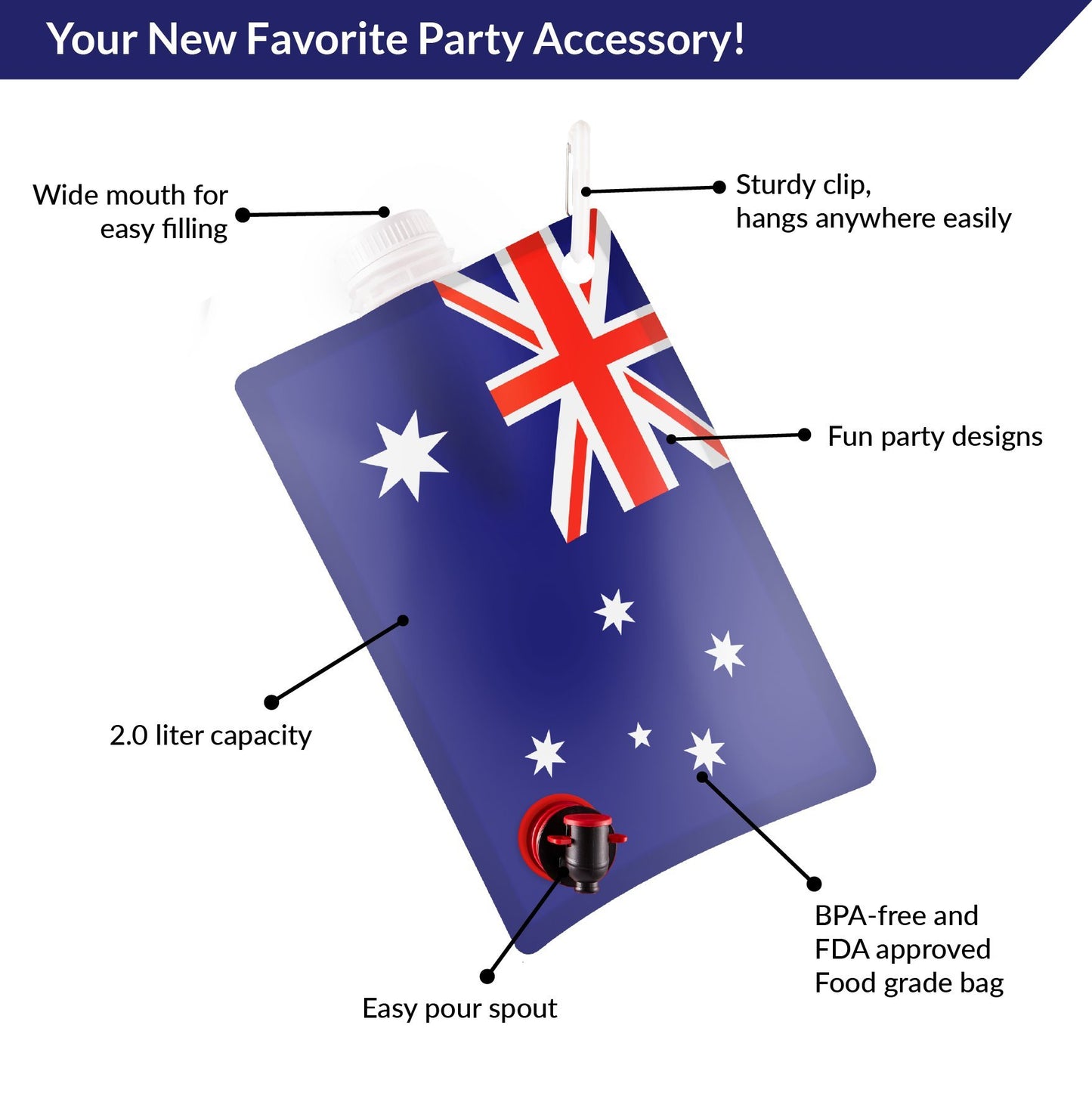 Australian Flag Adult Party Flask: 2 liter Flasks Make the Perfect Drink Dispenser for Your Australia Day Party Supplies, Summer Beach or Pool Party, Soccer, Cricket, or Football Tailgating and More